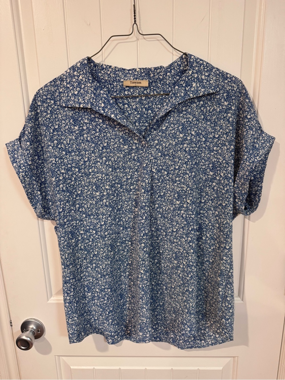 Timeson Blue Floral Short-Sleeve Collared Blouse